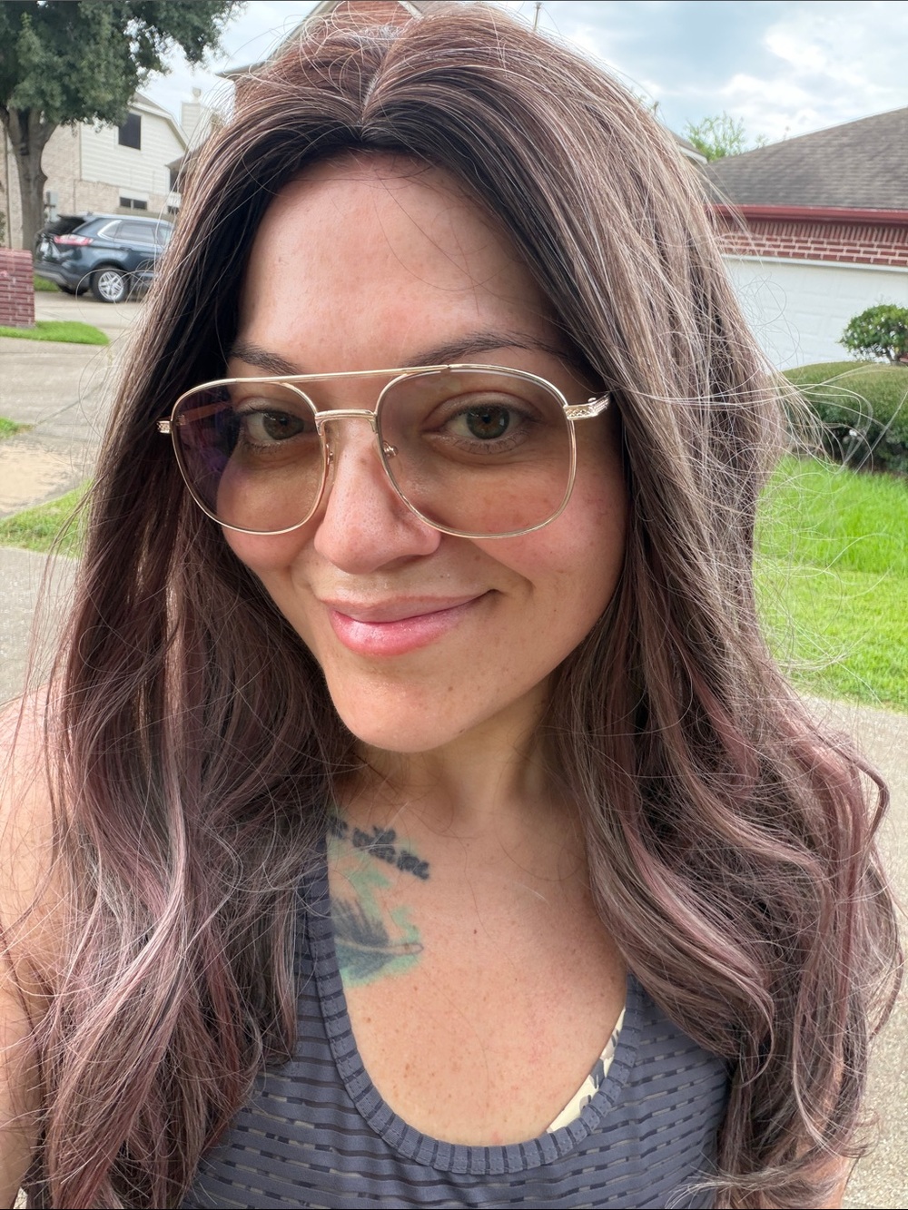 Women's Long Wavy Lace Front Wig - Brown with Subtle Rose Highlights